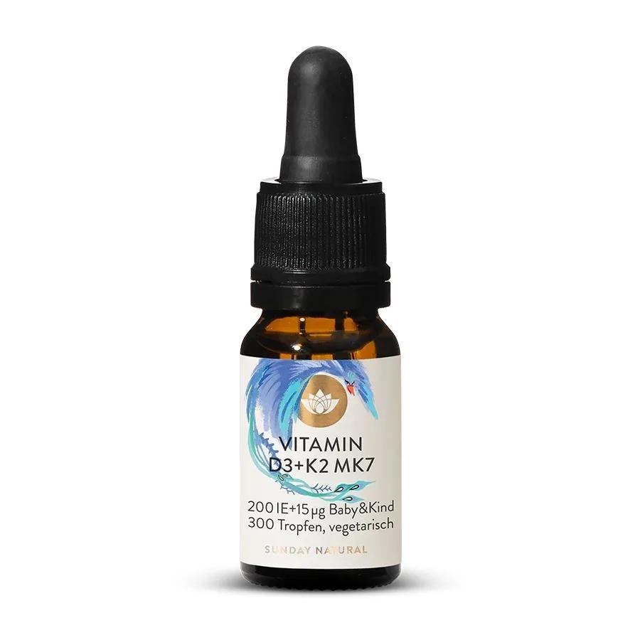 Витамин Д3+К2 для младенцев, 200 МЕ, 300 капель, Sunday Natural, Vitamin D3+K2