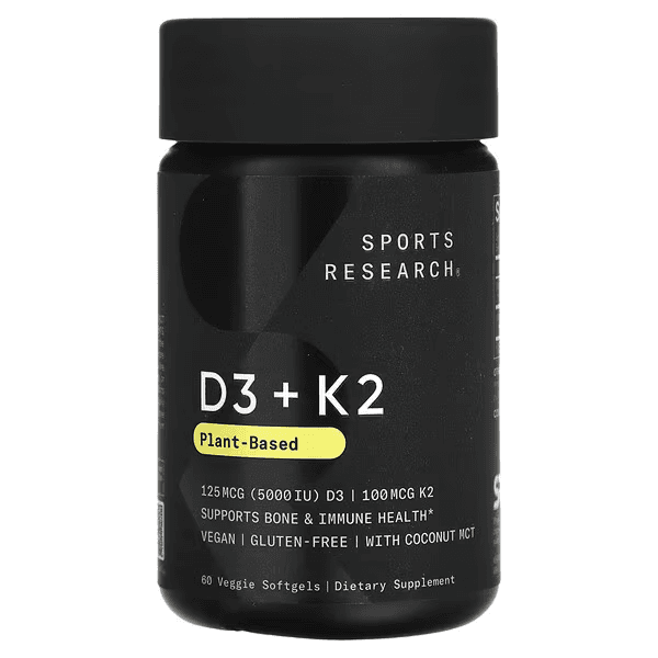 Витамины Д3+К2, 125 мкг/100 мкг, 60 растительных капсул, Sports Research, Vitamin D3+K2