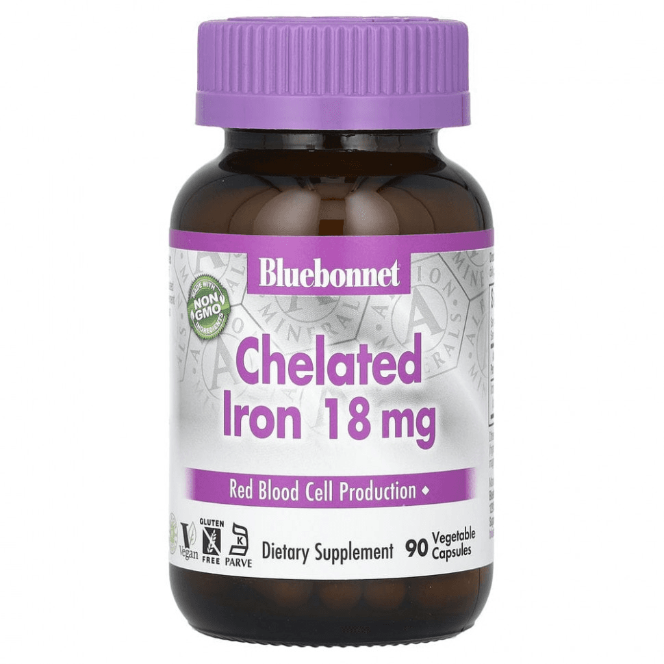 Хелатное железо, 18 мг, 90 капсул, Bluebonnet Nutrition, Chelated Iron