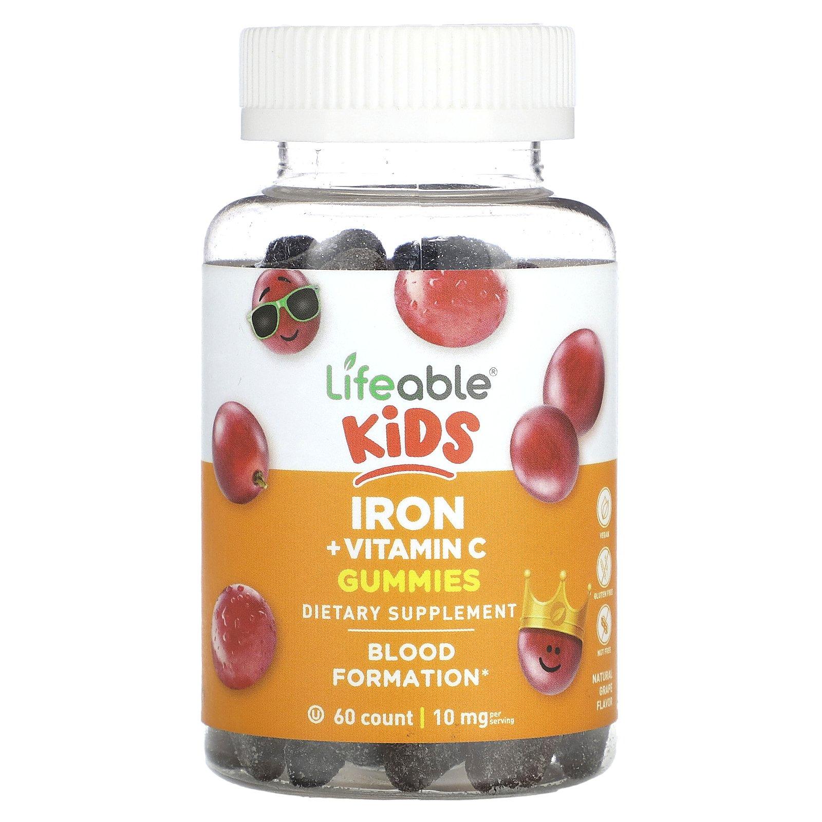 Железо с витамином С, вкус виноград, 10 мг, 60 жевательных таблеток, Lifeable Kids, Iron + Vitamin C gummies
